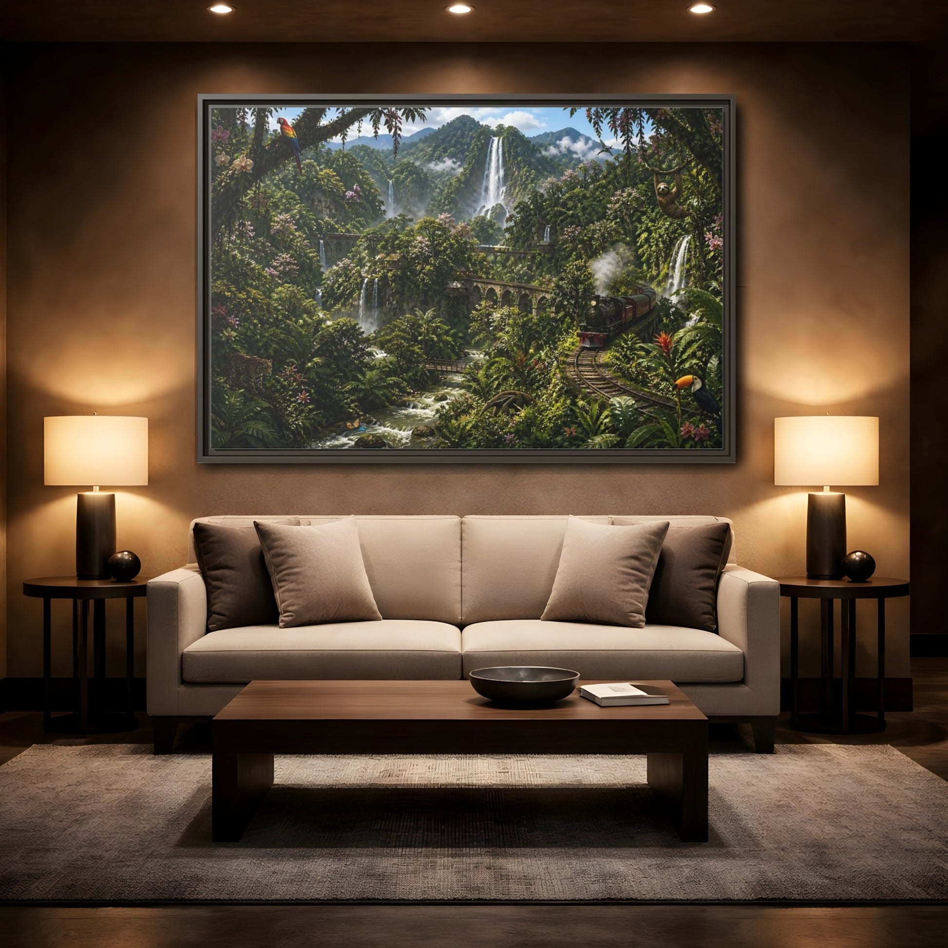 Mockup 2. Rainforest Train Adventure shown as framed canvas print