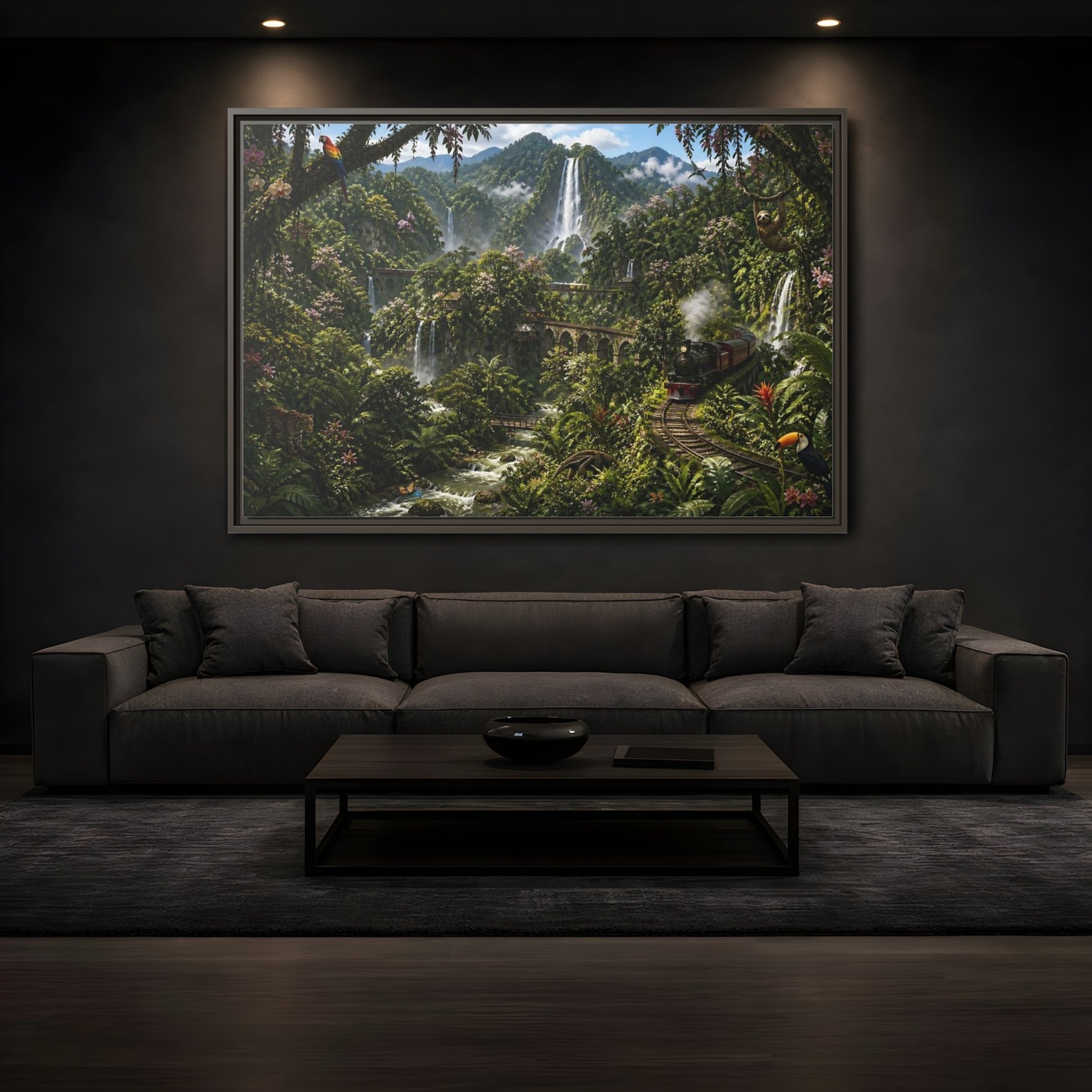 Mockup 3. Rainforest Train Adventure shown as framed canvas print