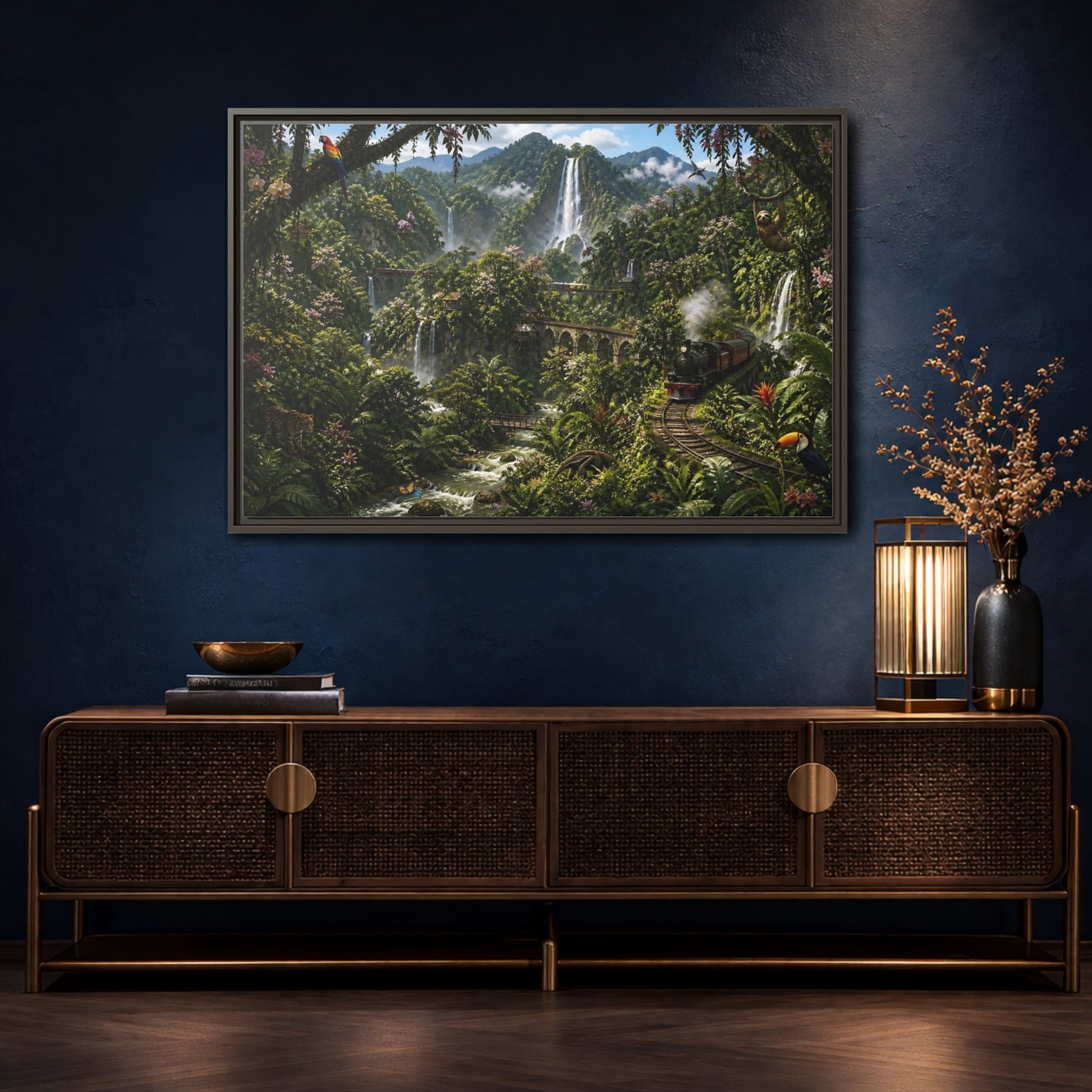 Mockup 4. Rainforest Train Adventure shown as framed canvas print