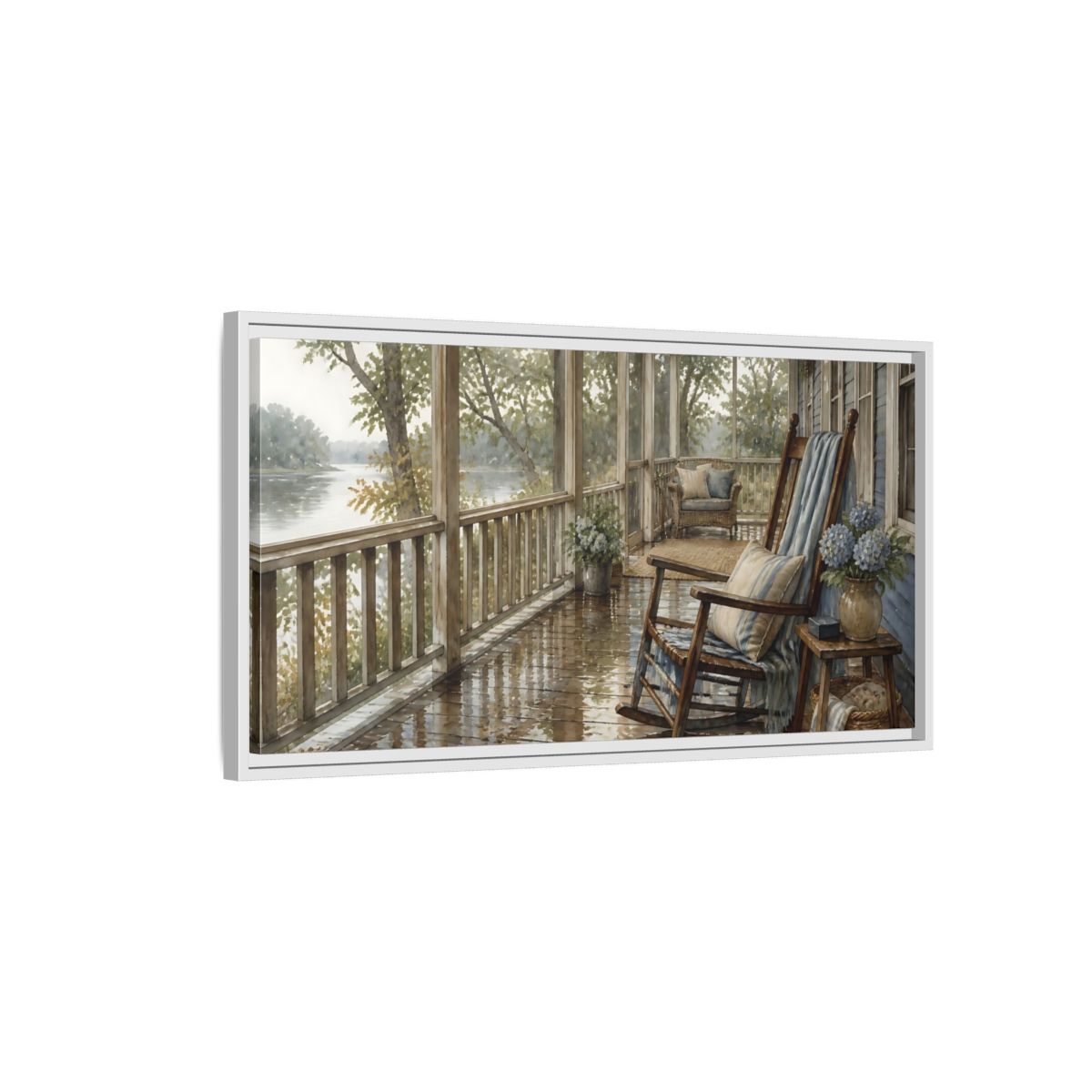 Side Mockup 1. Rainwashed Lakefront Porch shown as framed canvas print
