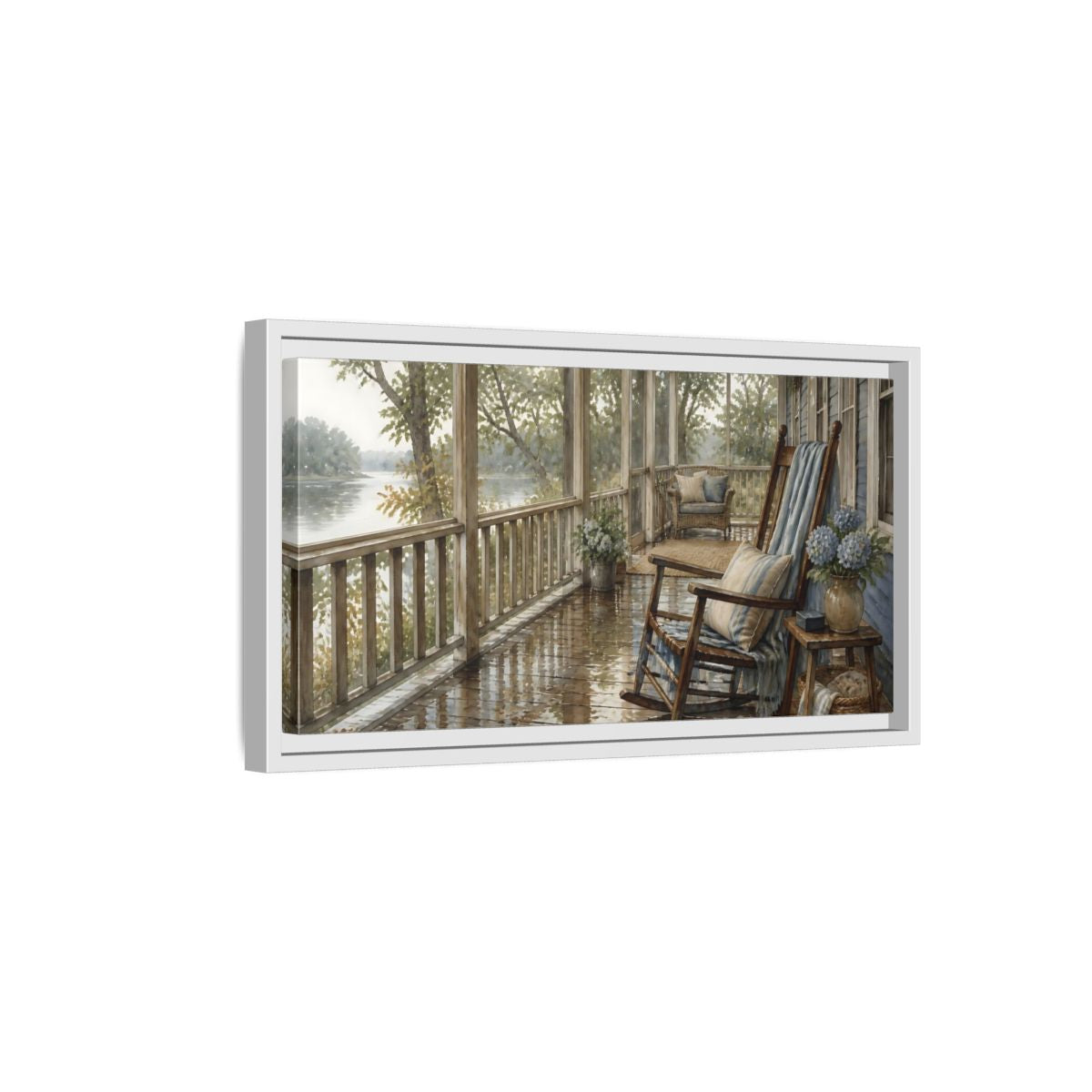 Side Mockup 6. Rainwashed Lakefront Porch shown as framed canvas print