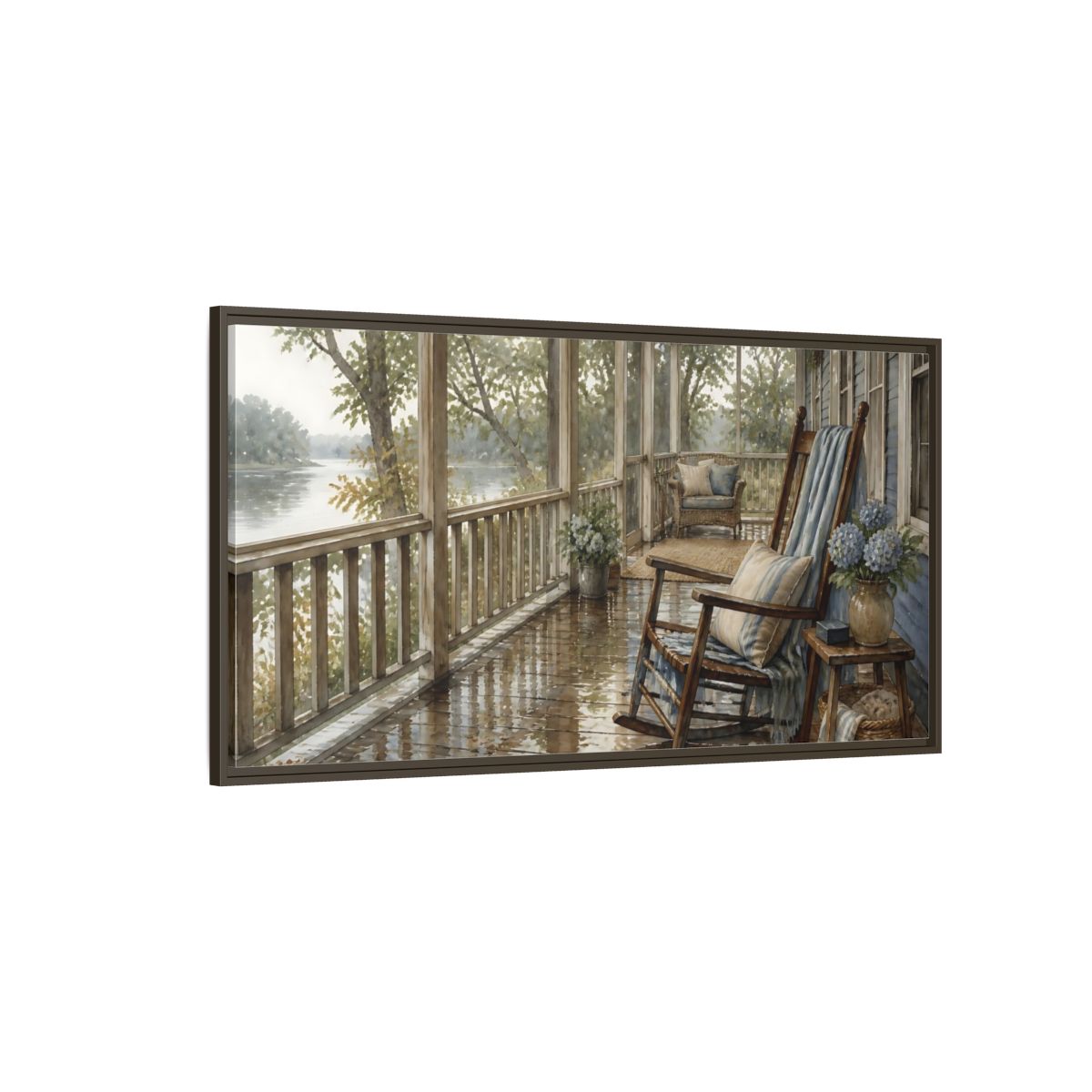 Side Mockup 4. Rainwashed Lakefront Porch shown as framed canvas print