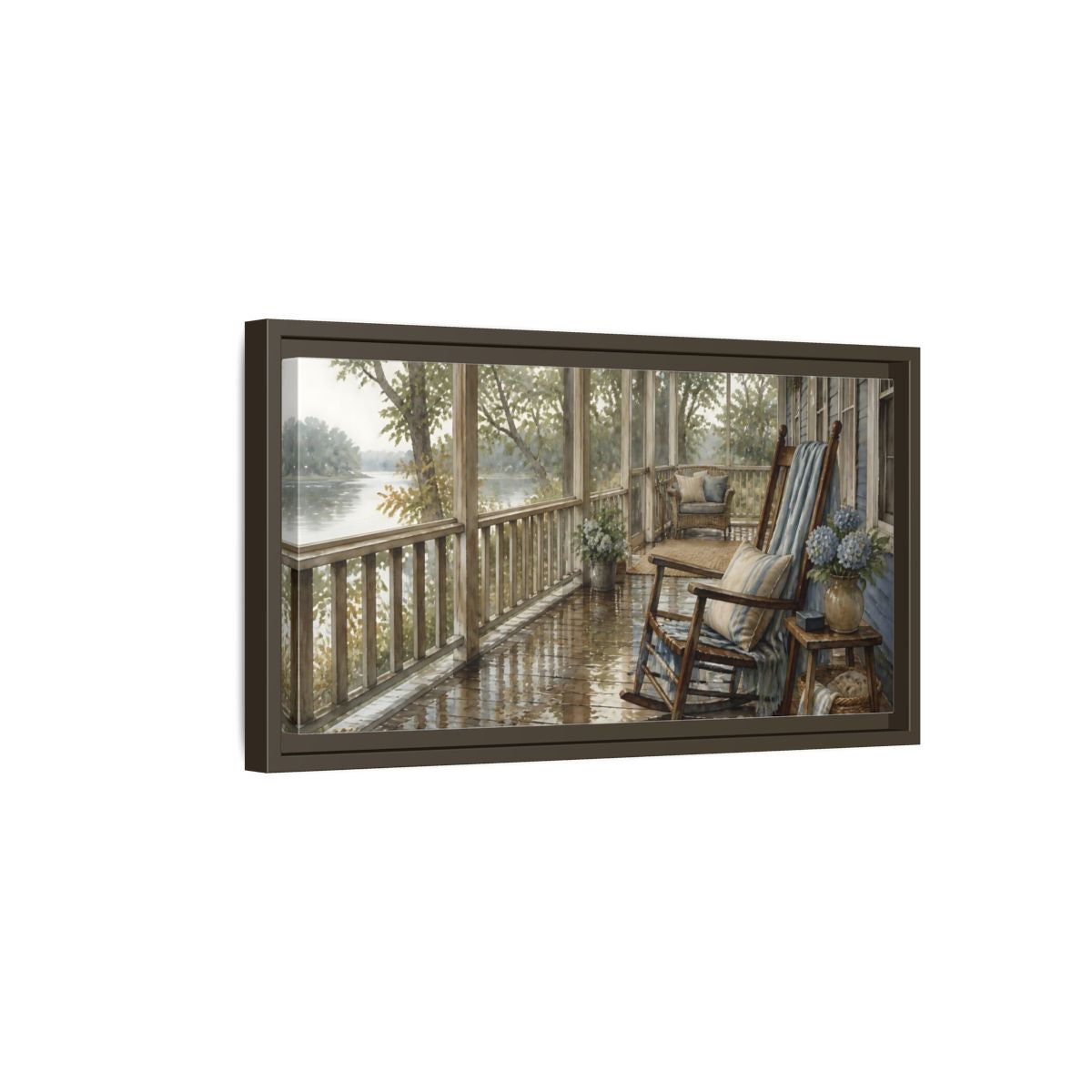 Side Mockup 7. Rainwashed Lakefront Porch shown as framed canvas print