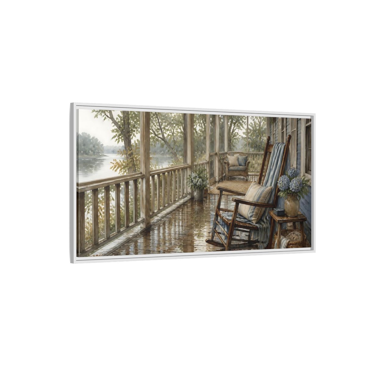 Side Mockup 3. Rainwashed Lakefront Porch shown as framed canvas print