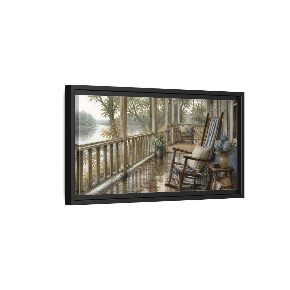 Side Mockup 8. Rainwashed Lakefront Porch shown as framed canvas print