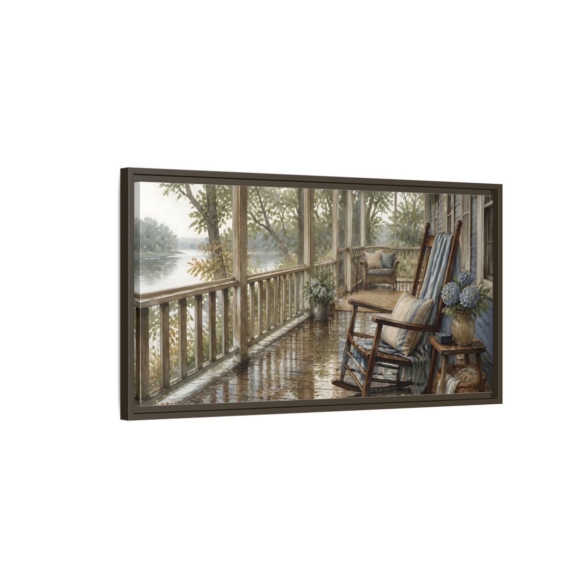 Main Mockup. Rainwashed Lakefront Porch shown as framed canvas print