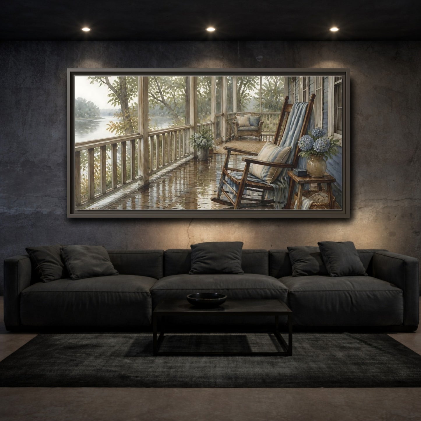 Mockup 3. Rainwashed Lakefront Porch shown as framed canvas print