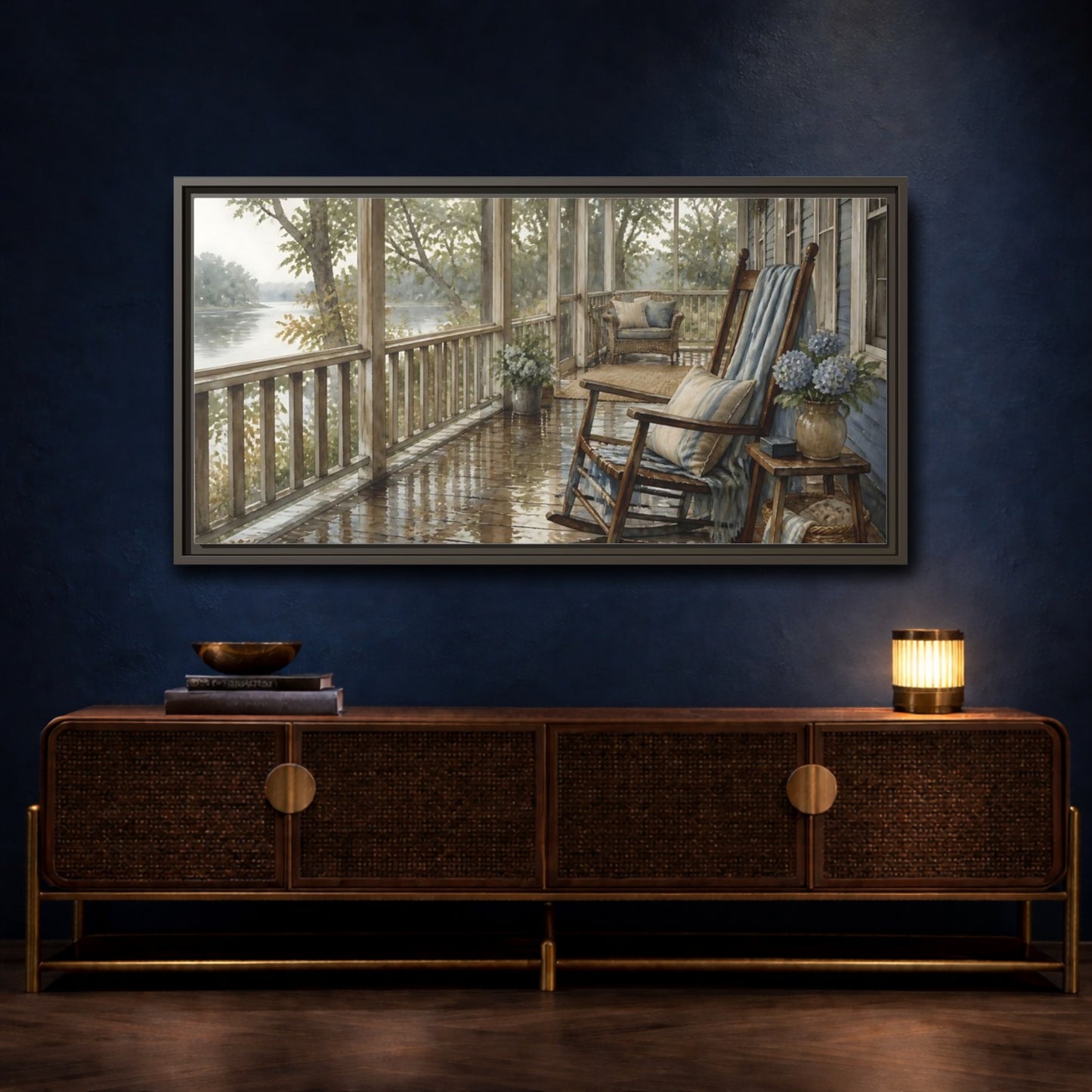 Mockup 4. Rainwashed Lakefront Porch shown as framed canvas print