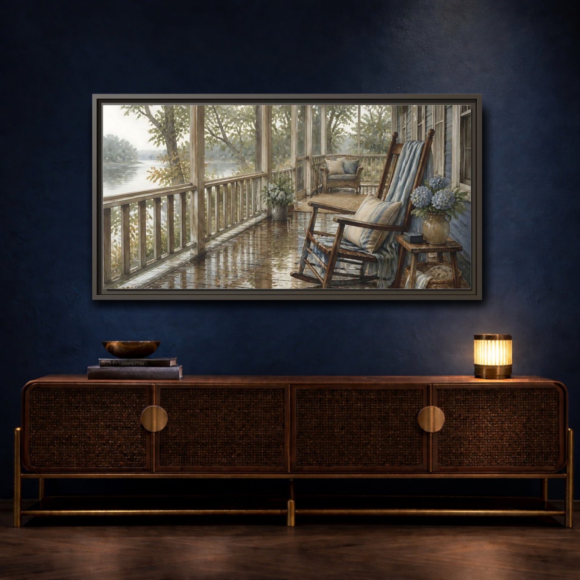 Mockup 4. Rainwashed Lakefront Porch shown as framed canvas print
