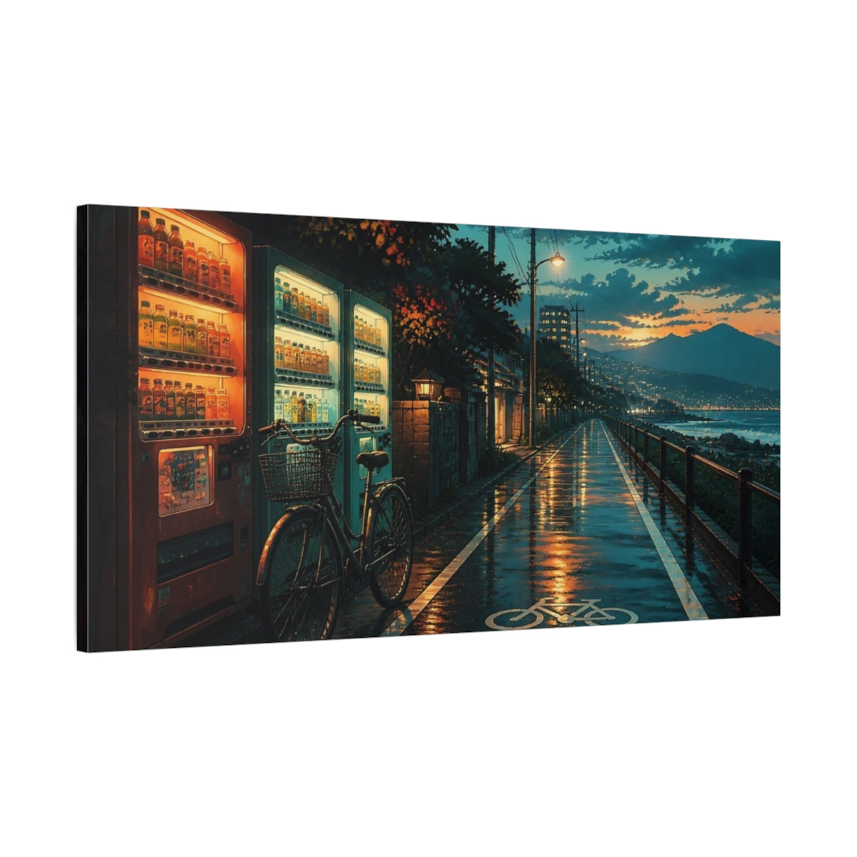 Main Mockup. Rainy Bike Path At Dusk shown as canvas print