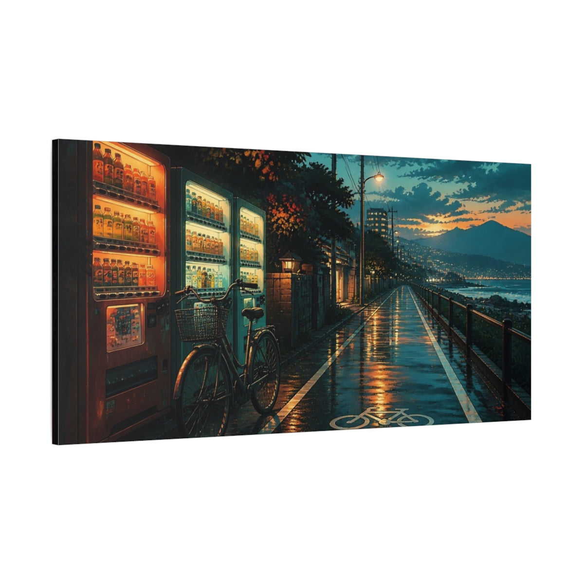 Side Mockup 2. Rainy Bike Path At Dusk shown as canvas print