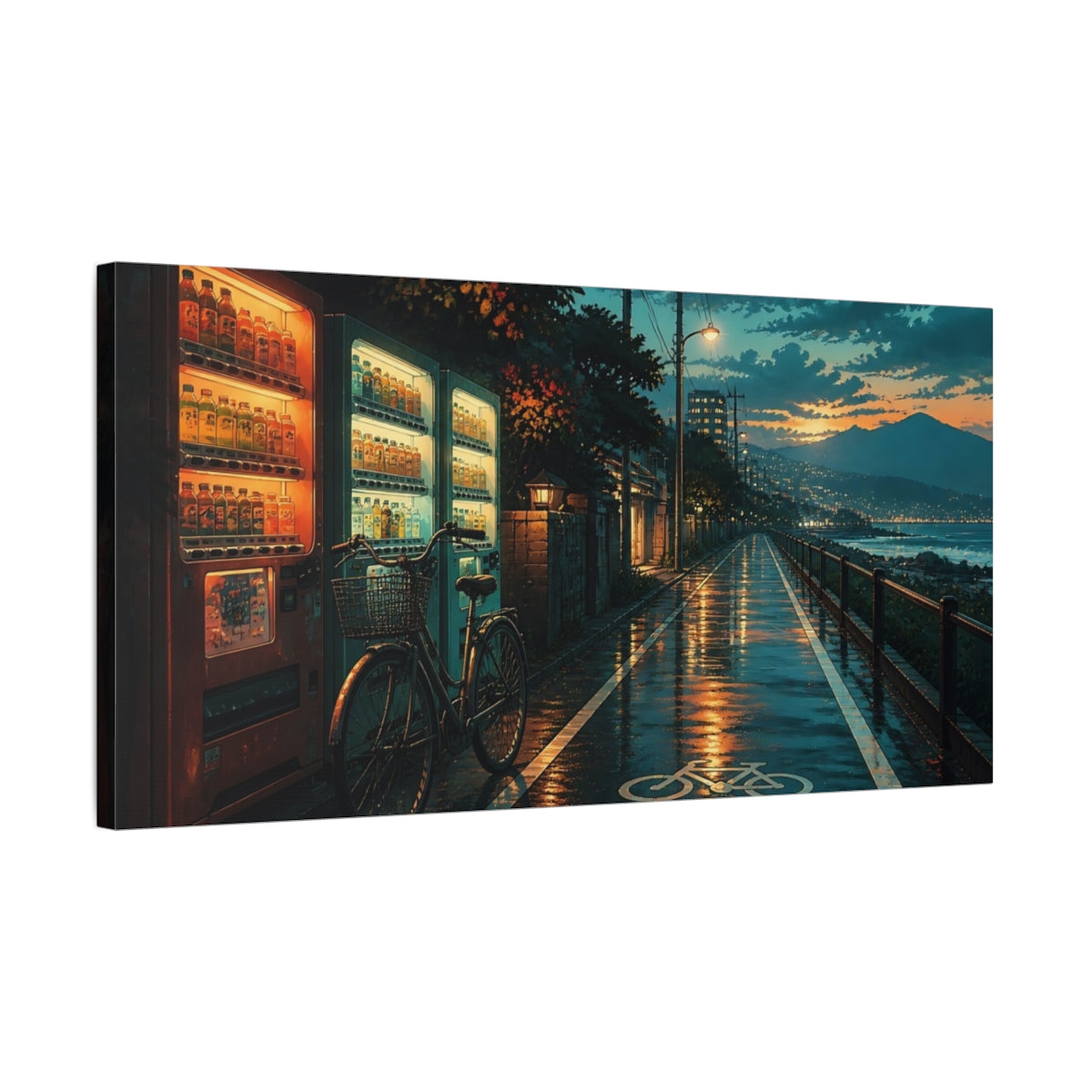 Side Mockup 1. Rainy Bike Path At Dusk shown as canvas print