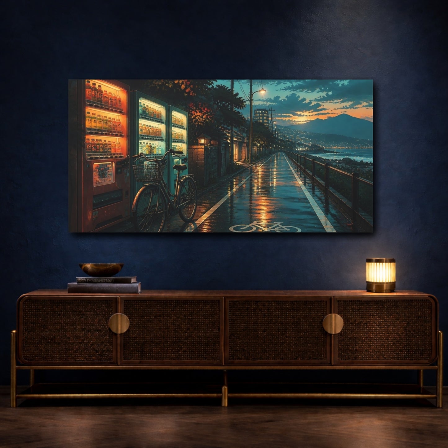 Mockup 4. Rainy Bike Path At Dusk shown as canvas print