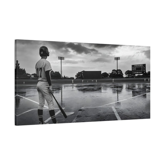 Main Mockup. Rainy Day Baseball Batter shown as canvas print