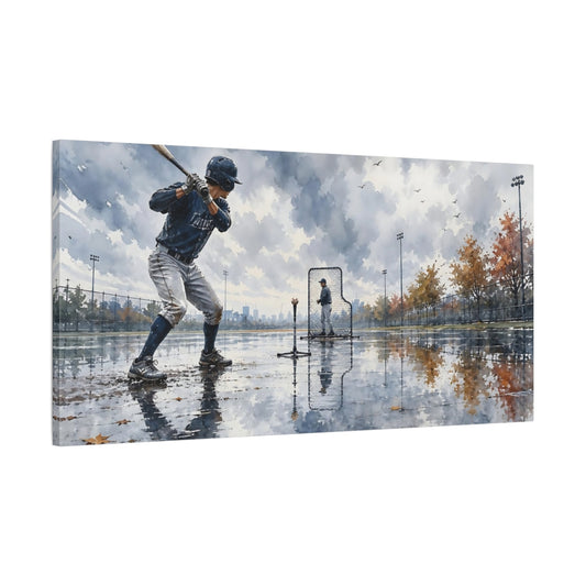 Main Mockup. Rainy Day Baseball Practice shown as canvas print