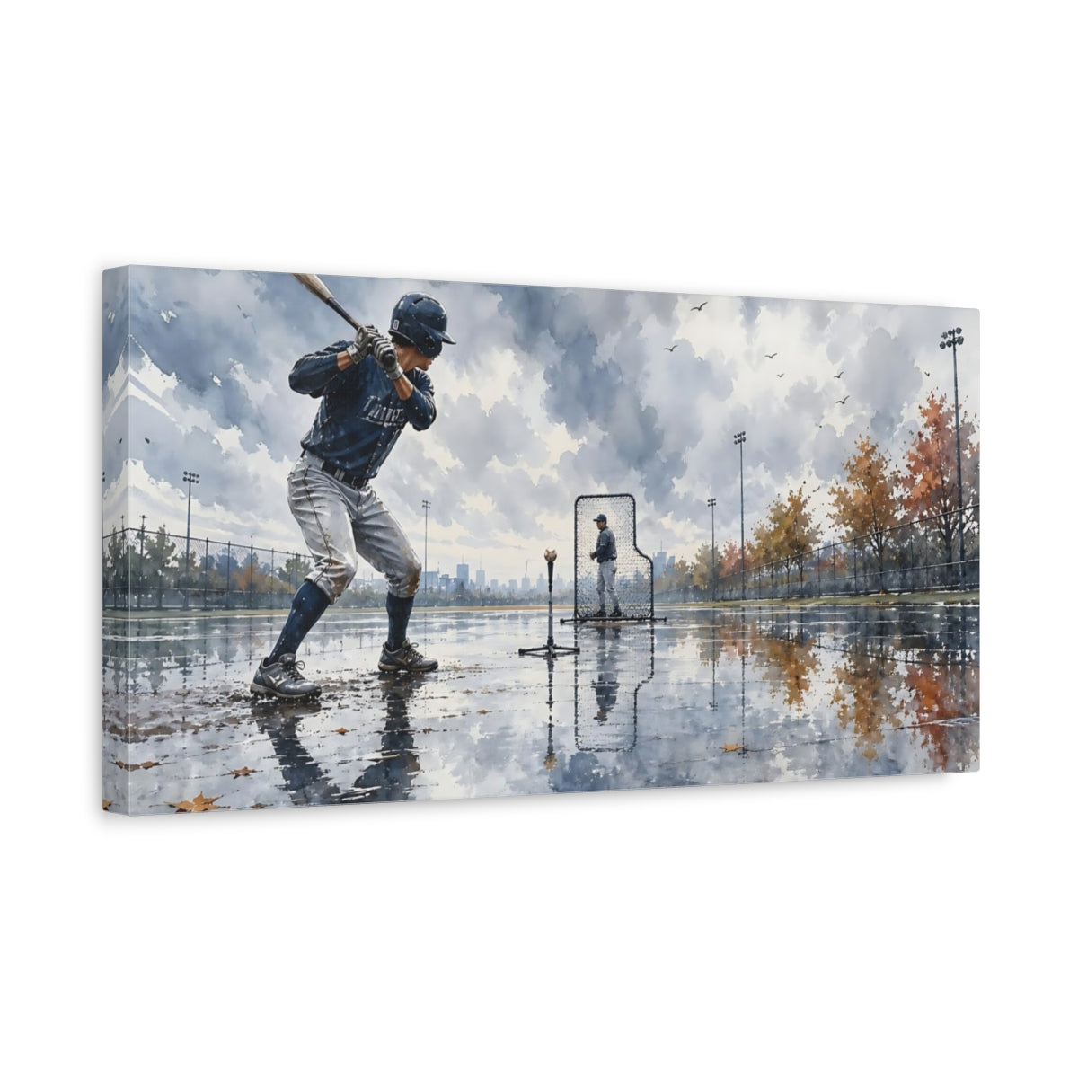 Side Mockup 3. Rainy Day Baseball Practice shown as canvas print