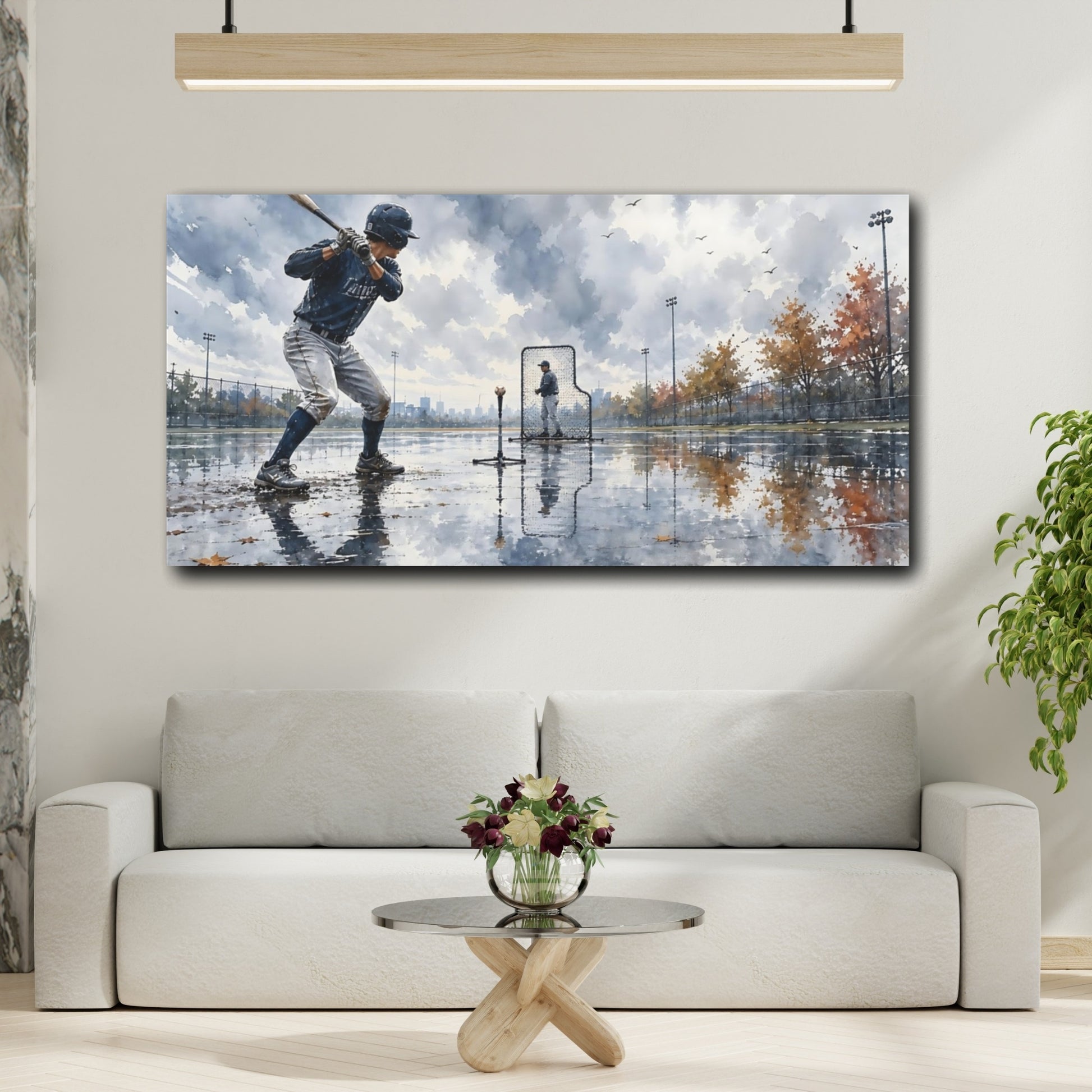Mockup 2. Rainy Day Baseball Practice shown as canvas print