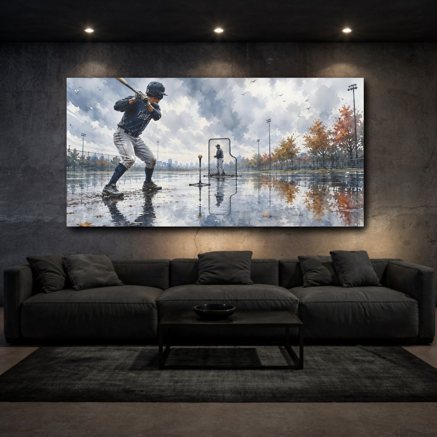 Mockup 3. Rainy Day Baseball Practice shown as canvas print