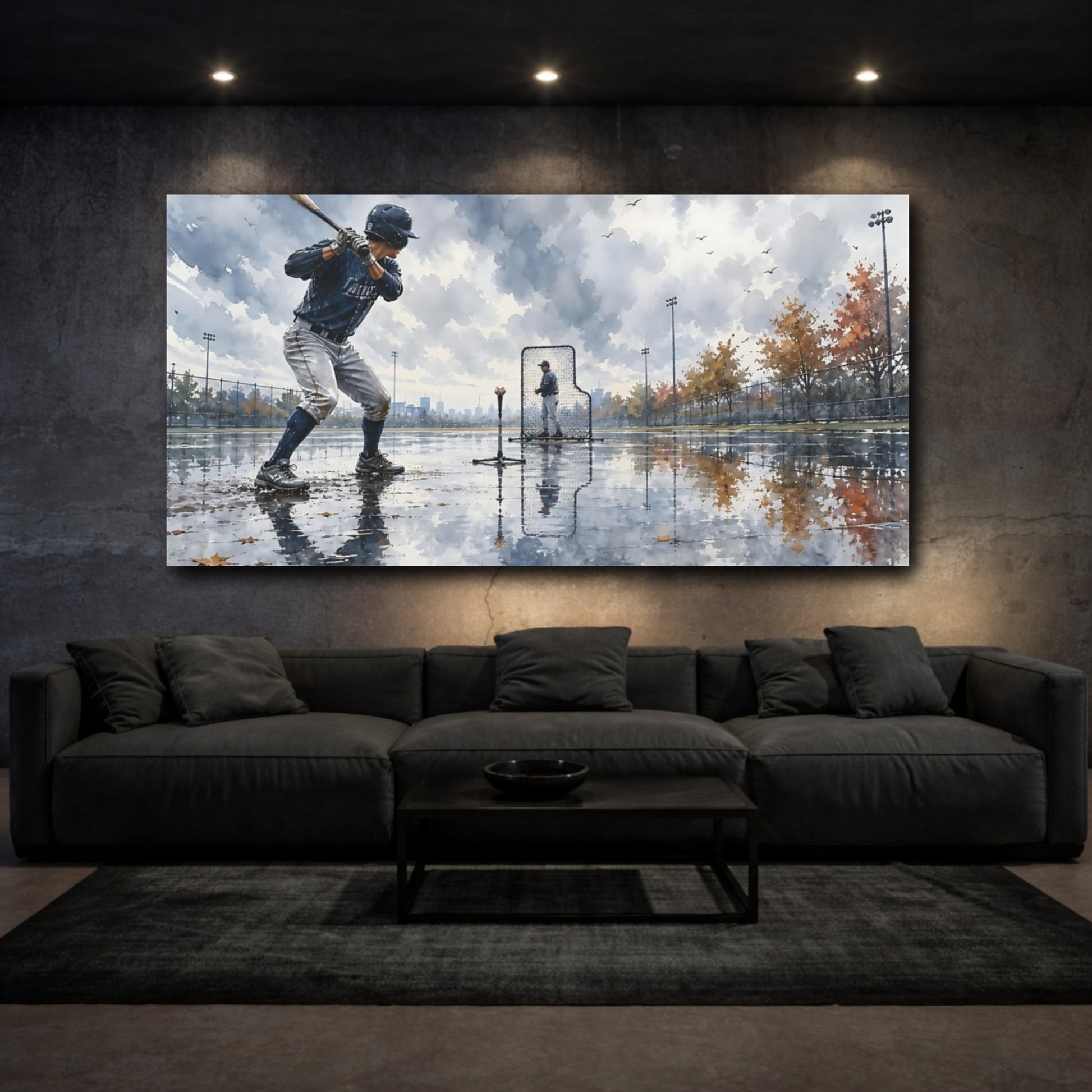 Mockup 3. Rainy Day Baseball Practice shown as canvas print