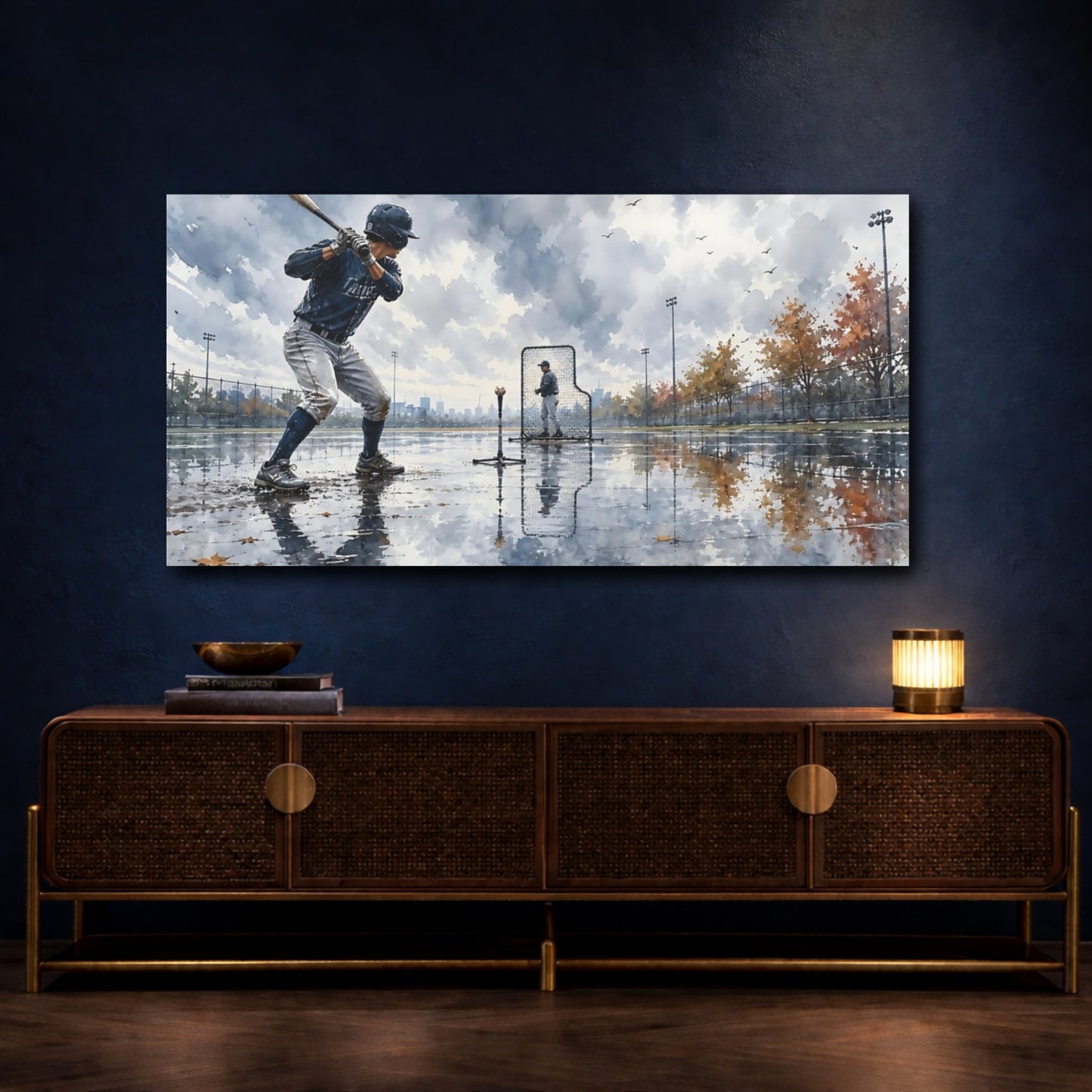 Mockup 4. Rainy Day Baseball Practice shown as canvas print