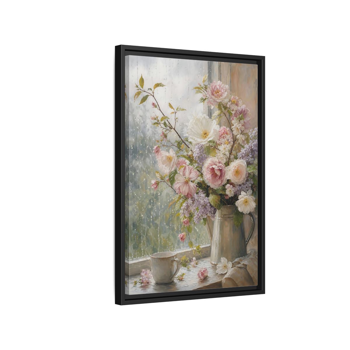 Side Mockup 3. Rainy Day Floral Bouquet shown as framed canvas print