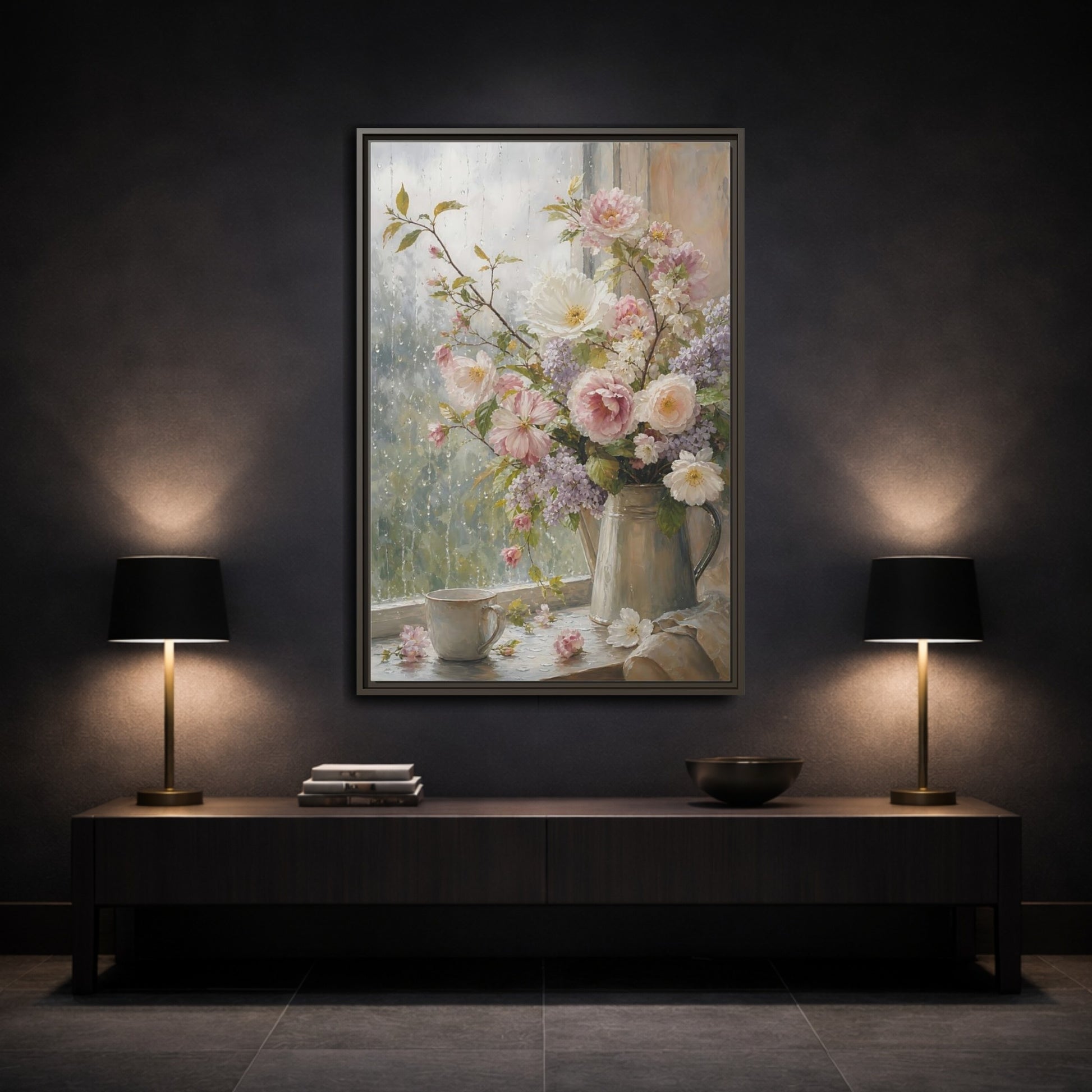 Mockup 3. Rainy Day Floral Bouquet shown as framed canvas print