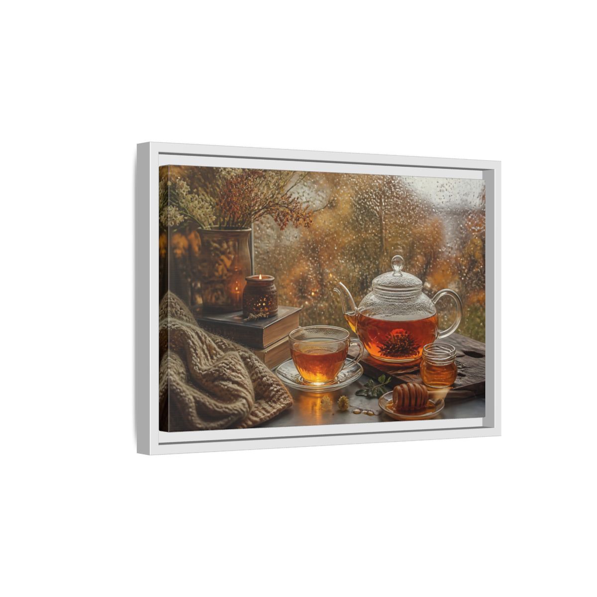 Side Mockup 4. Rainy Day Tea shown as framed canvas print