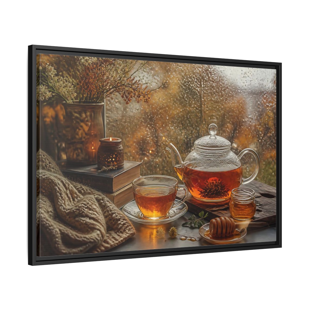 Side Mockup 13. Rainy Day Tea shown as framed canvas print