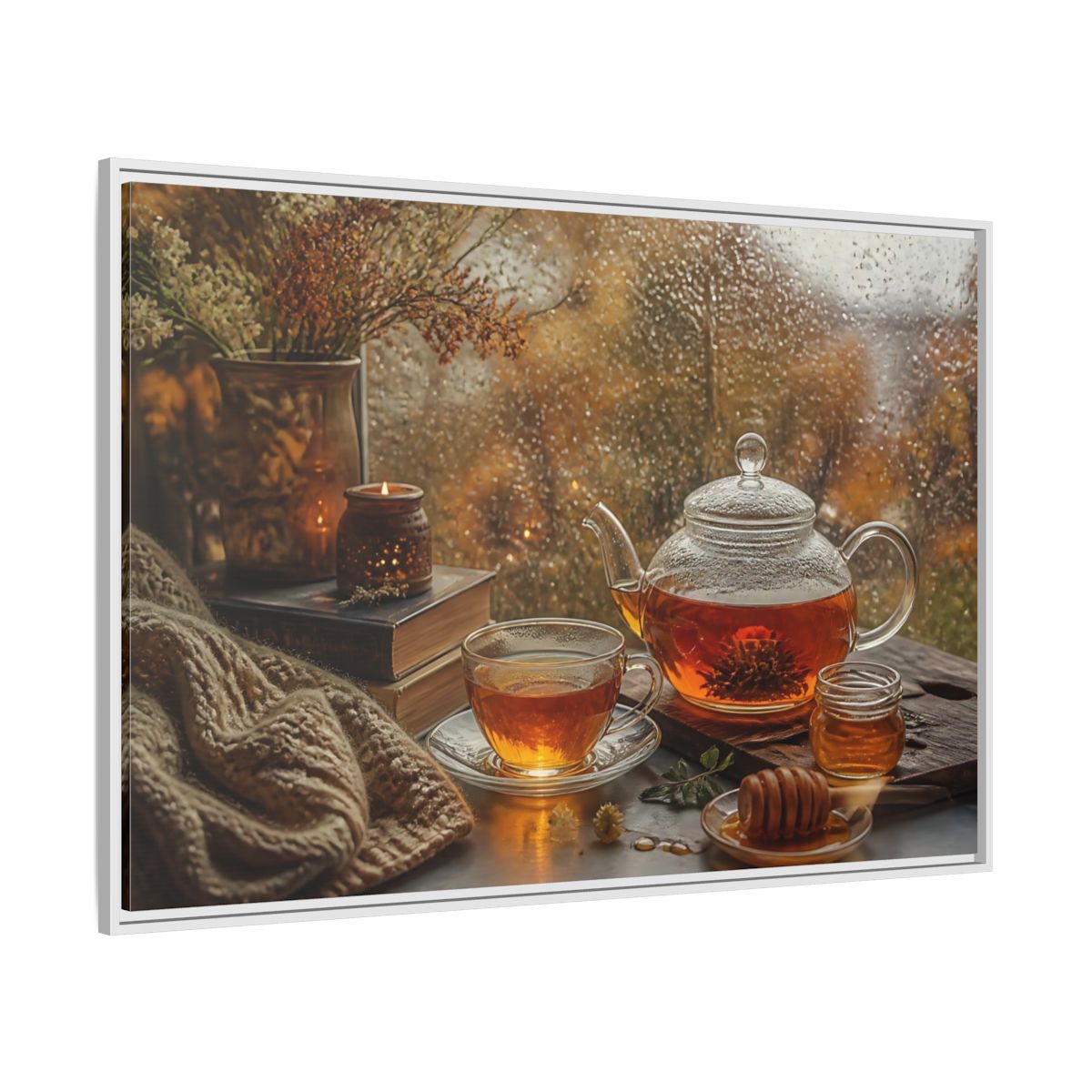 Side Mockup 7. Rainy Day Tea shown as framed canvas print