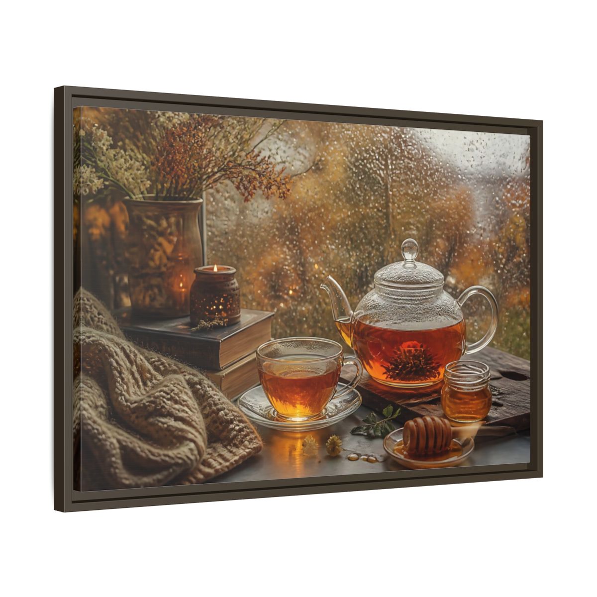 Side Mockup 11. Rainy Day Tea shown as framed canvas print