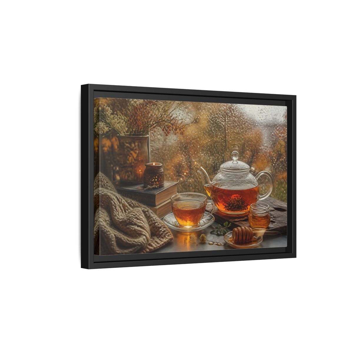 Side Mockup 6. Rainy Day Tea shown as framed canvas print