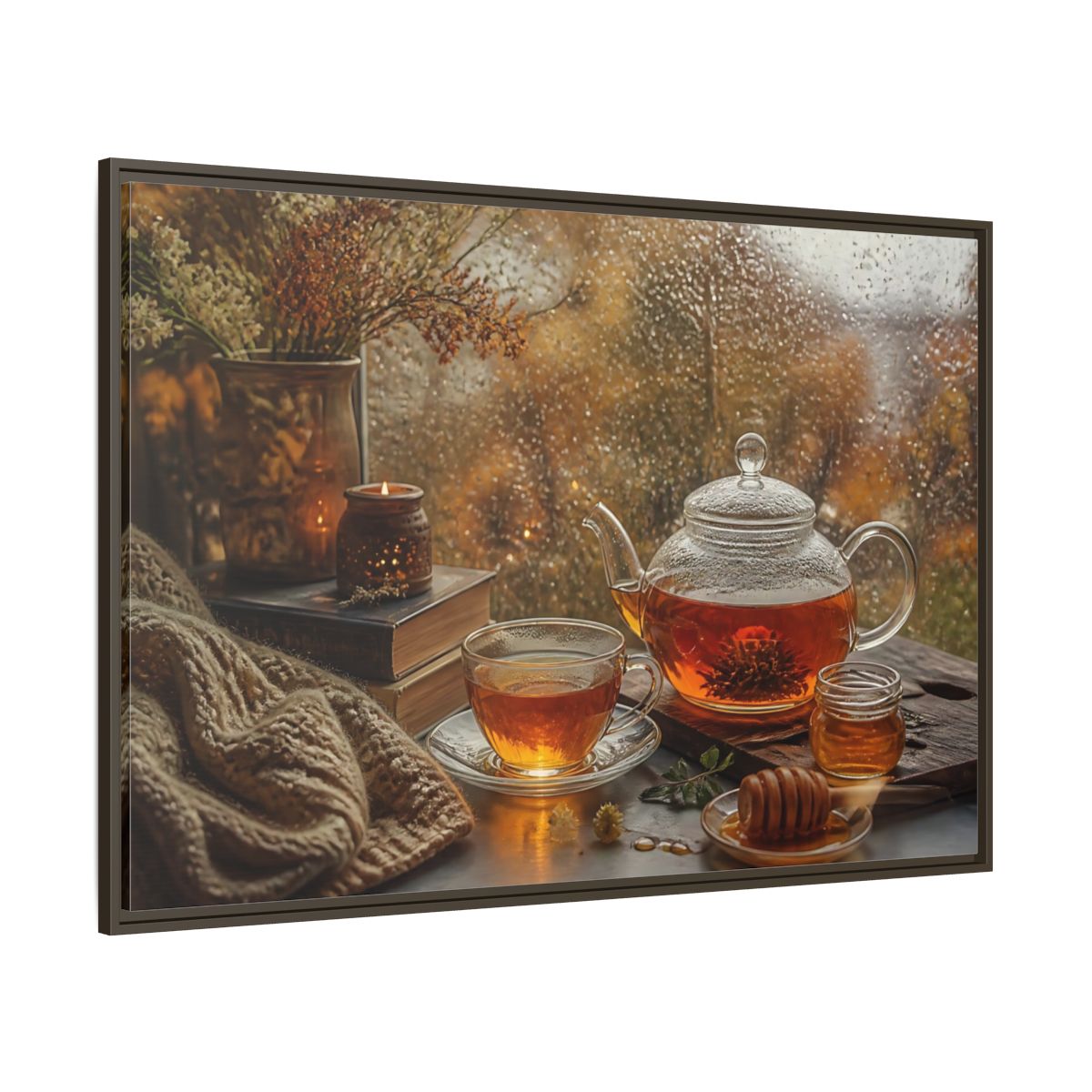 Side Mockup 8. Rainy Day Tea shown as framed canvas print
