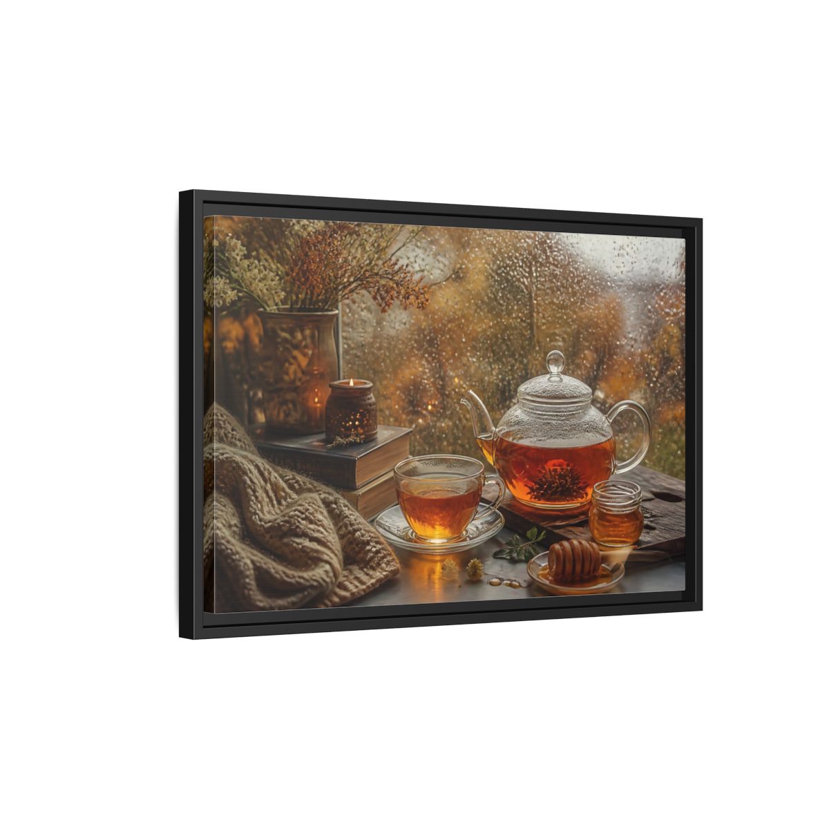 Side Mockup 3. Rainy Day Tea shown as framed canvas print