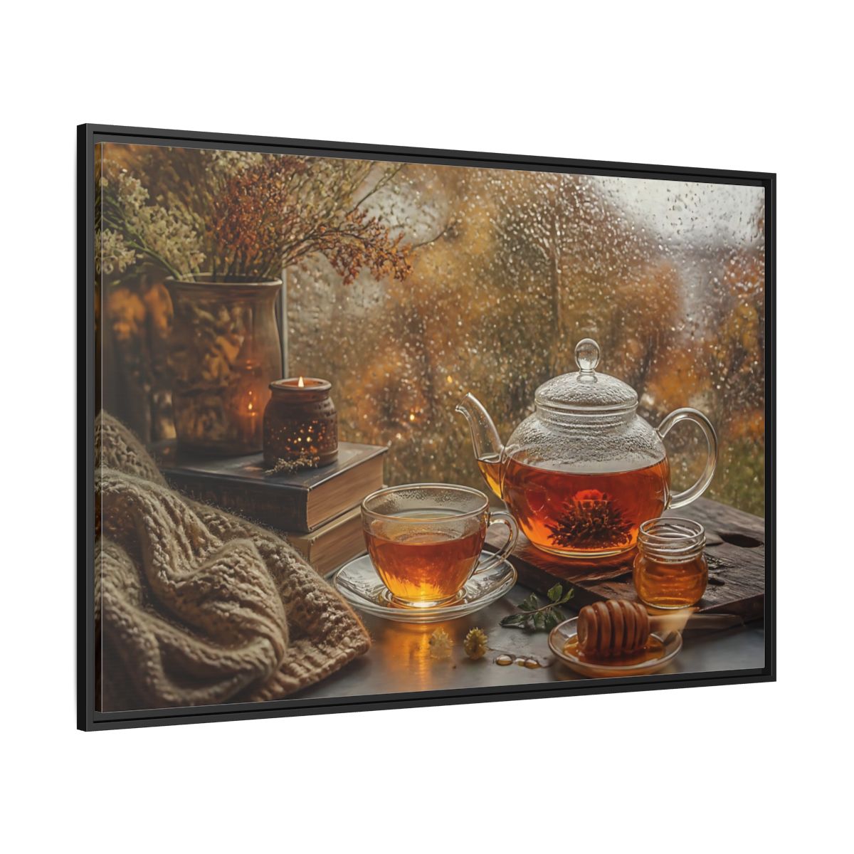 Side Mockup 12. Rainy Day Tea shown as framed canvas print