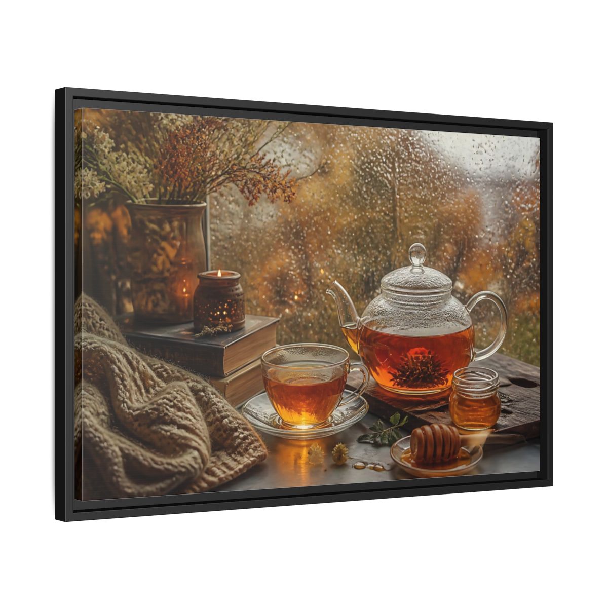 Side Mockup 14. Rainy Day Tea shown as framed canvas print