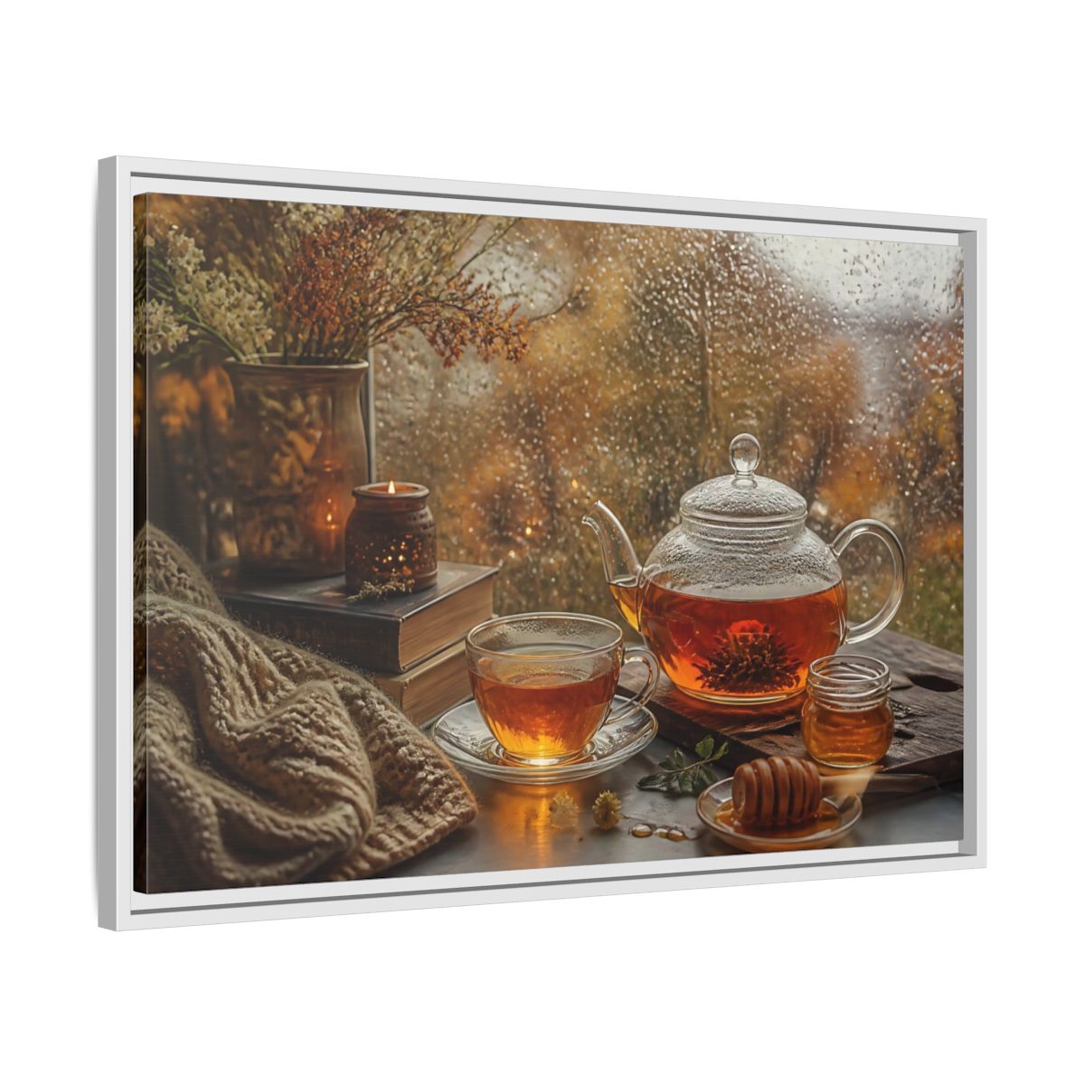 Side Mockup 10. Rainy Day Tea shown as framed canvas print
