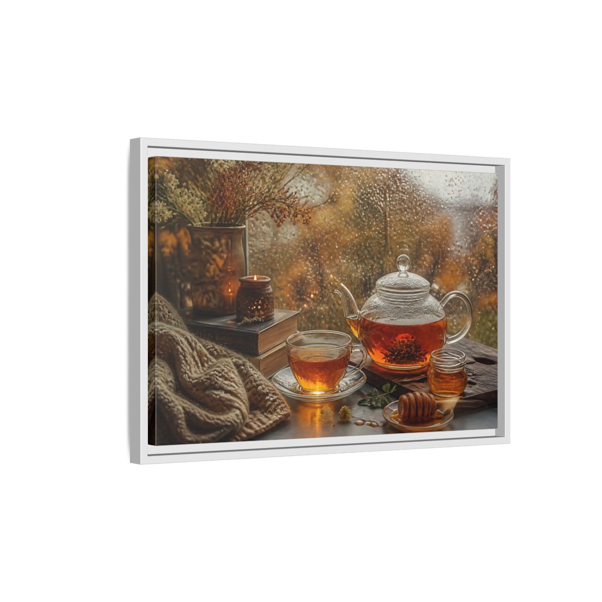 Side Mockup 1. Rainy Day Tea shown as framed canvas print