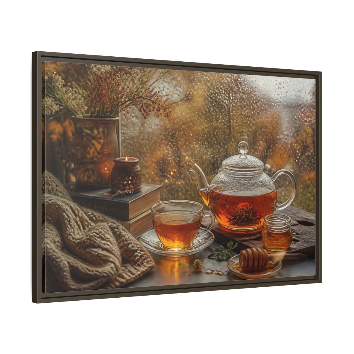 Main Mockup. Rainy Day Tea shown as framed canvas print