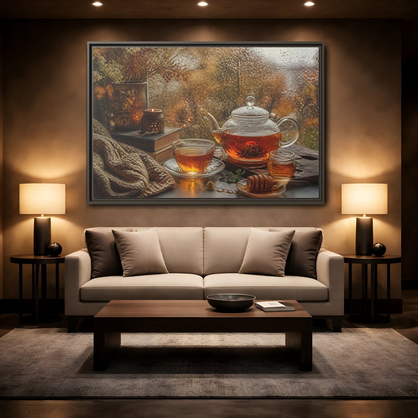 Mockup 2. Rainy Day Tea shown as framed canvas print