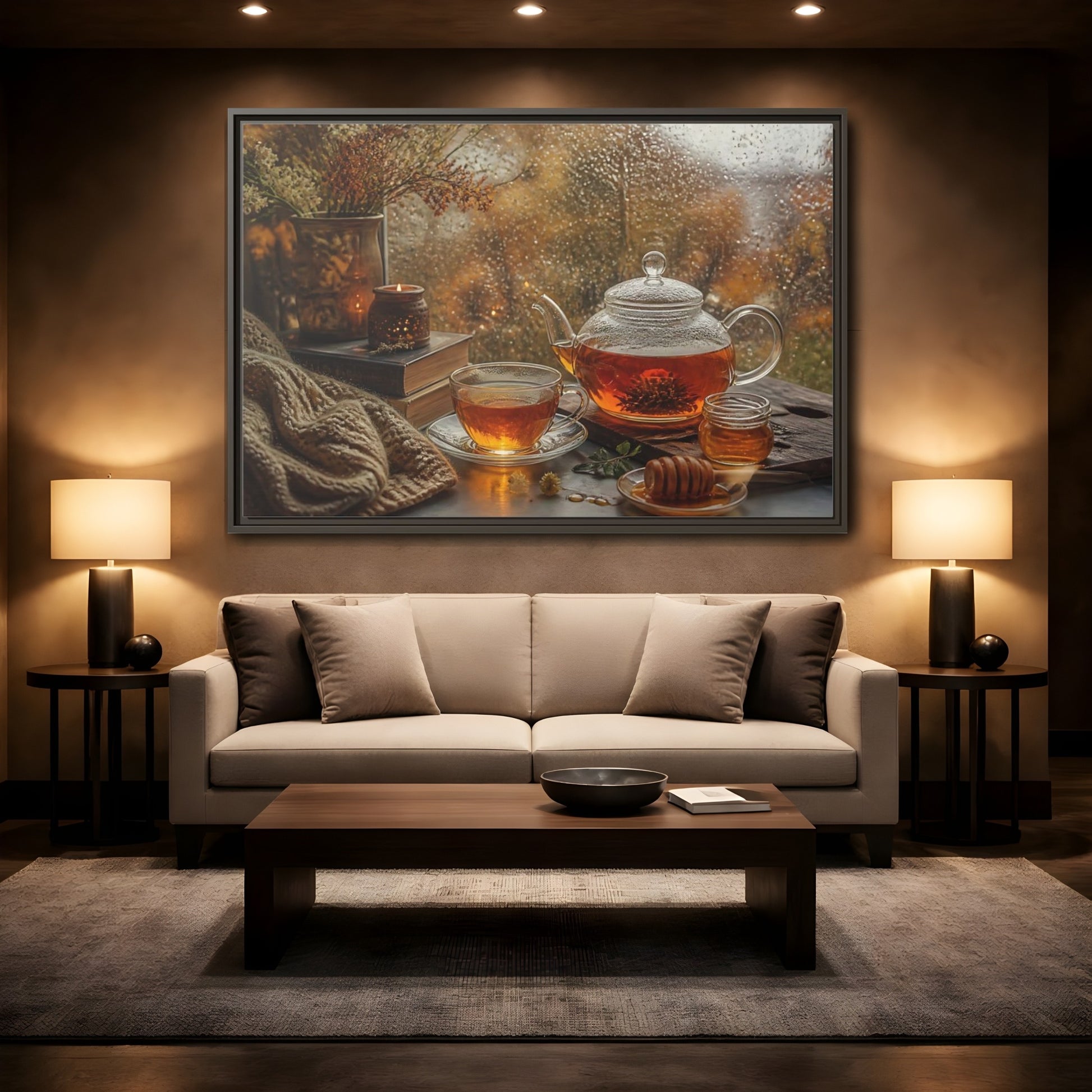 Mockup 2. Rainy Day Tea shown as framed canvas print