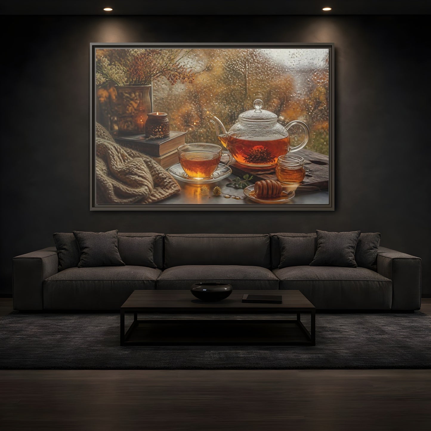Mockup 3. Rainy Day Tea shown as framed canvas print