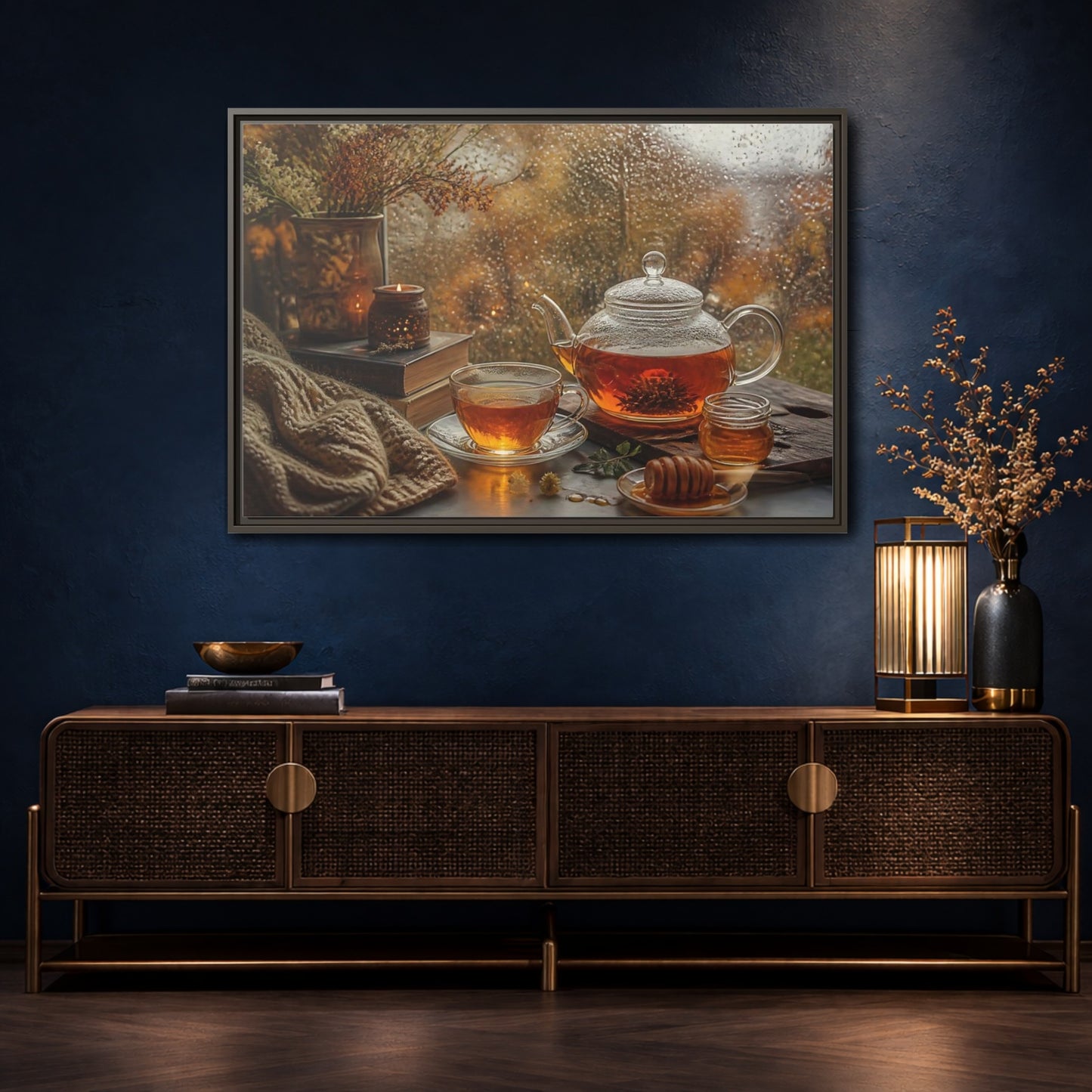 Mockup 4. Rainy Day Tea shown as framed canvas print