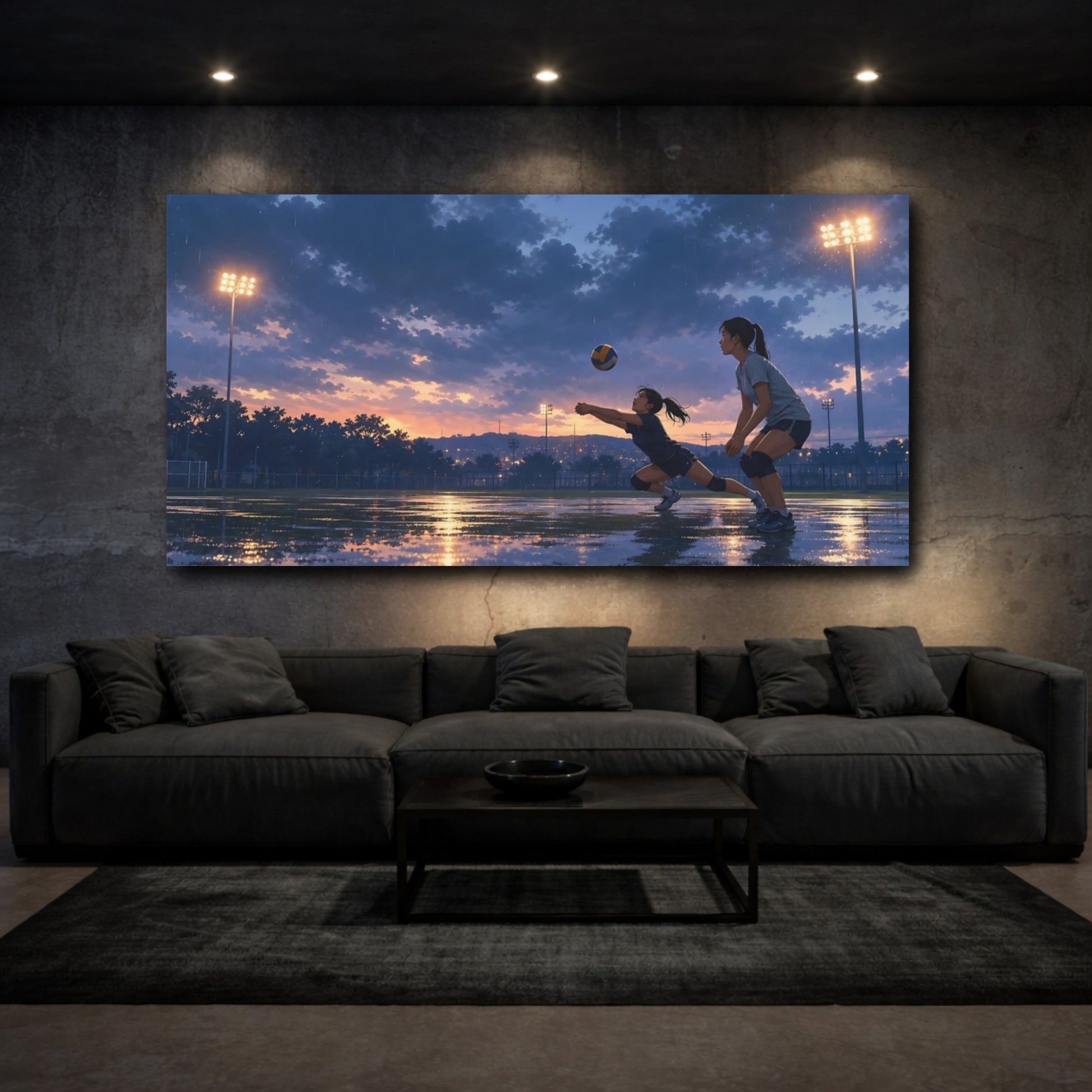 Mockup 3. Rainy Evening Volleyball shown as canvas print