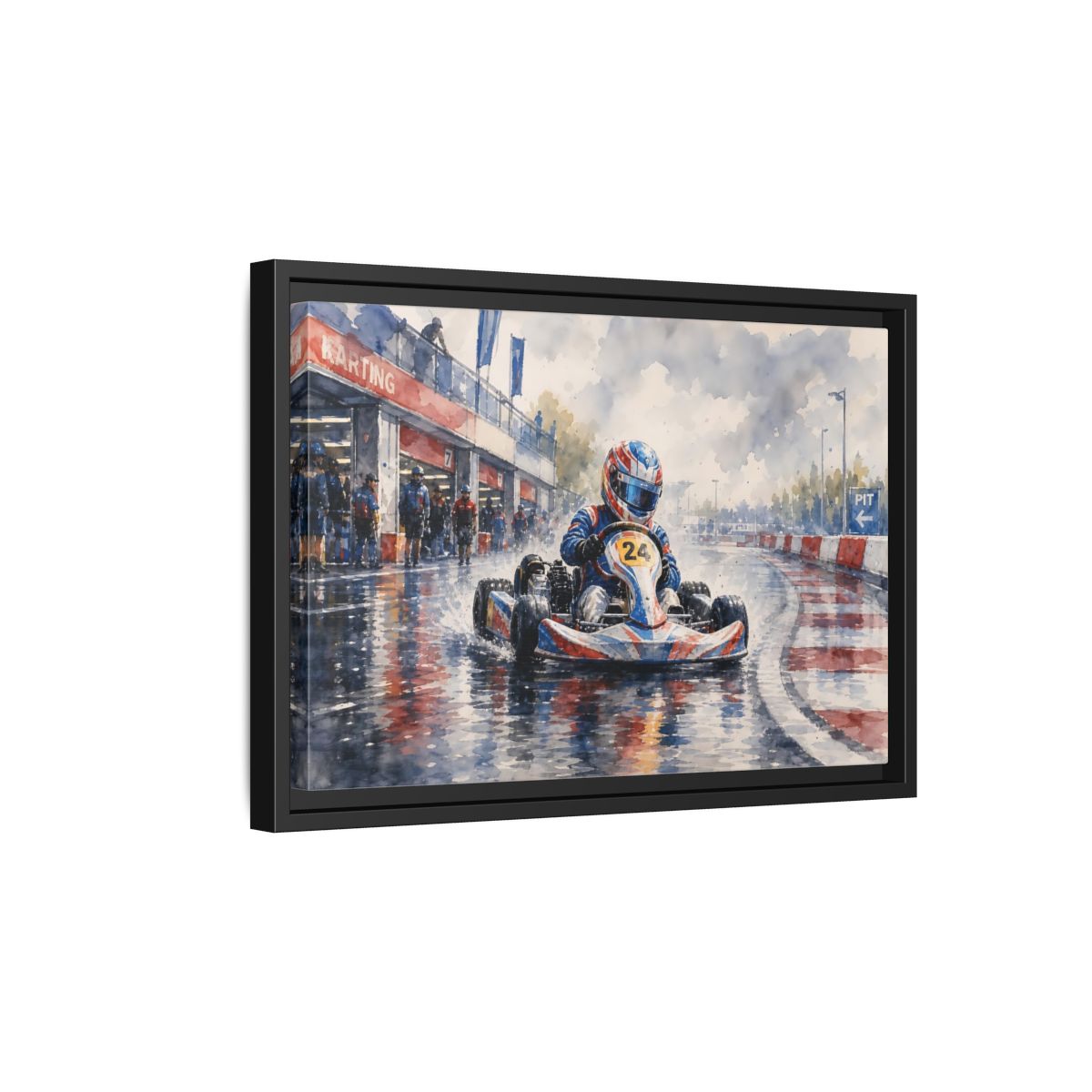 Side Mockup 6. Rainy Kart Race shown as framed canvas print