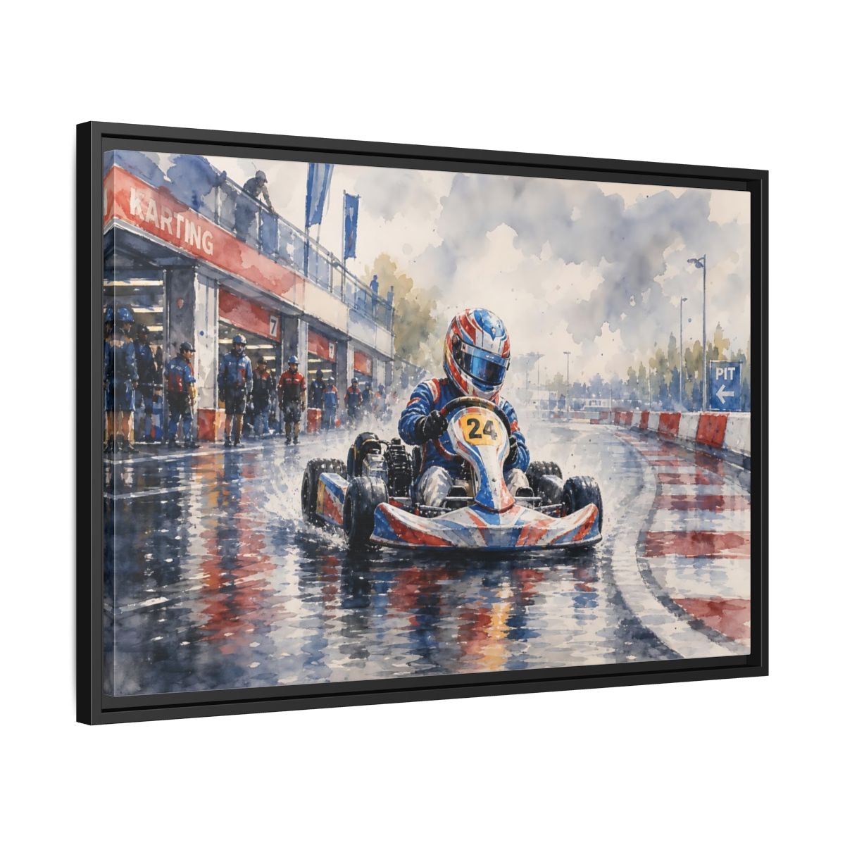 Side Mockup 14. Rainy Kart Race shown as framed canvas print