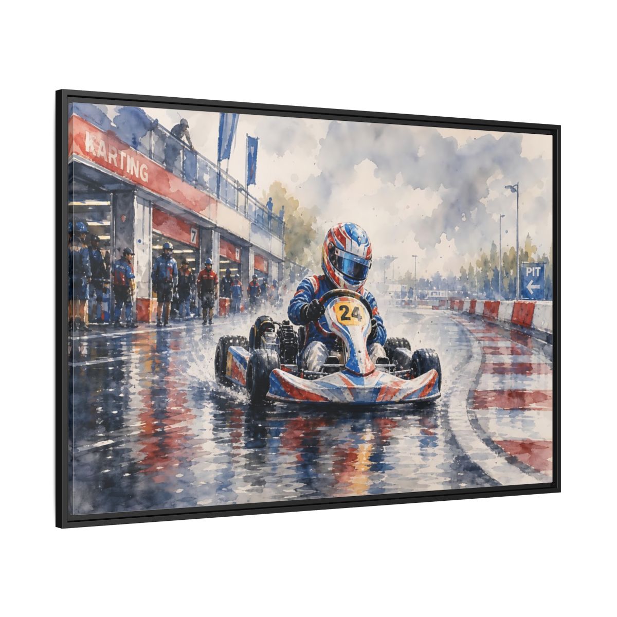 Side Mockup 12. Rainy Kart Race shown as framed canvas print