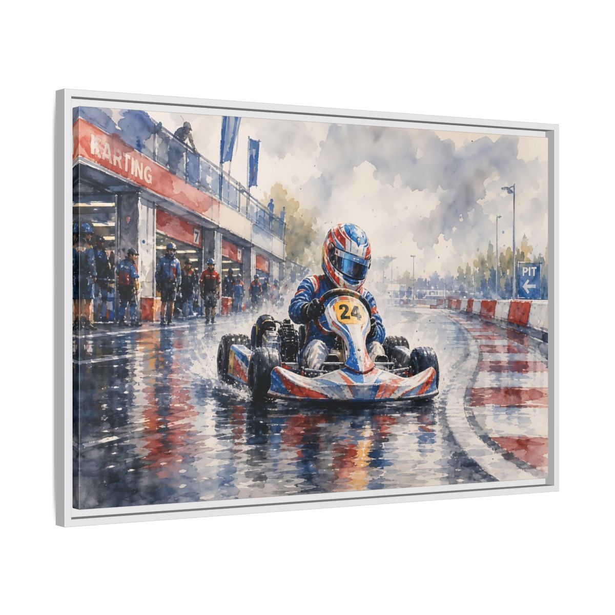 Side Mockup 9. Rainy Kart Race shown as framed canvas print
