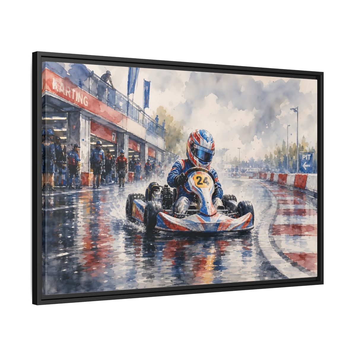 Side Mockup 13. Rainy Kart Race shown as framed canvas print