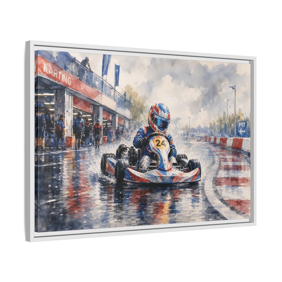 Side Mockup 10. Rainy Kart Race shown as framed canvas print