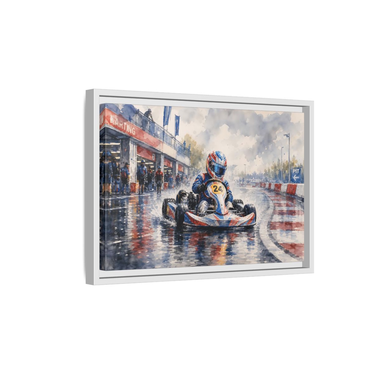 Side Mockup 4. Rainy Kart Race shown as framed canvas print